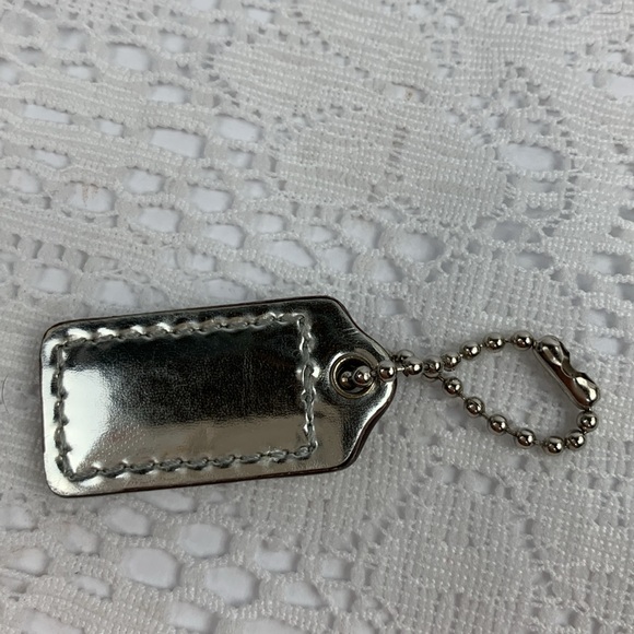 Coach Leather Hang Tag Charm Silver chain Silver Metallic Embossed Coach Logo - Picture 3 of 6
